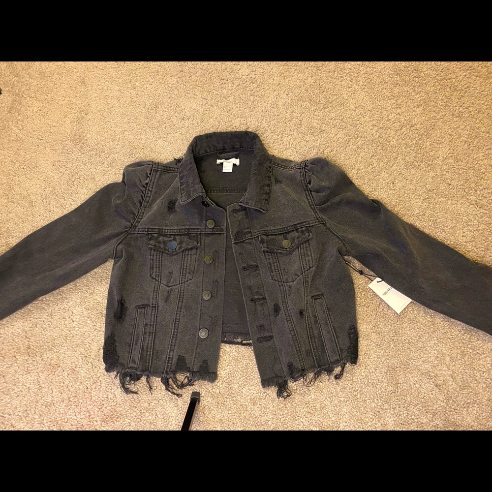 Black washed denim puffer sleeve jacket